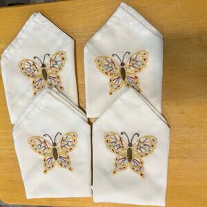1888 Mills NEW Napkins White Butterfly Embroidered Beads Set/4 Fairy Boho FLAW